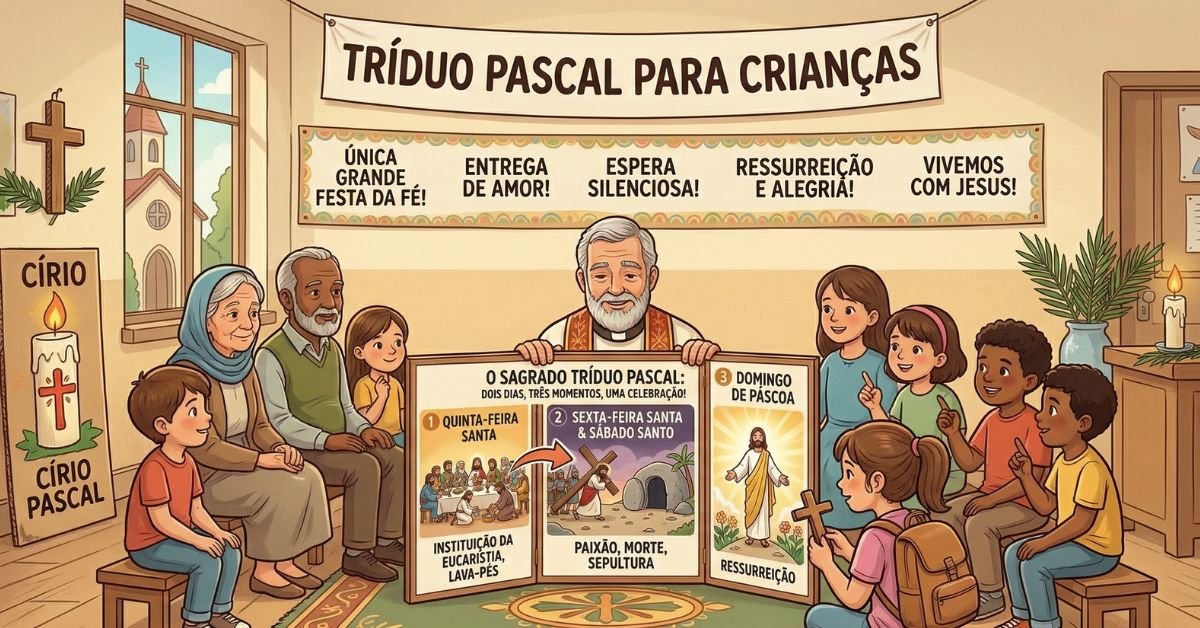 Catequista ensinando sobre o Tríduo Pascal para crianças