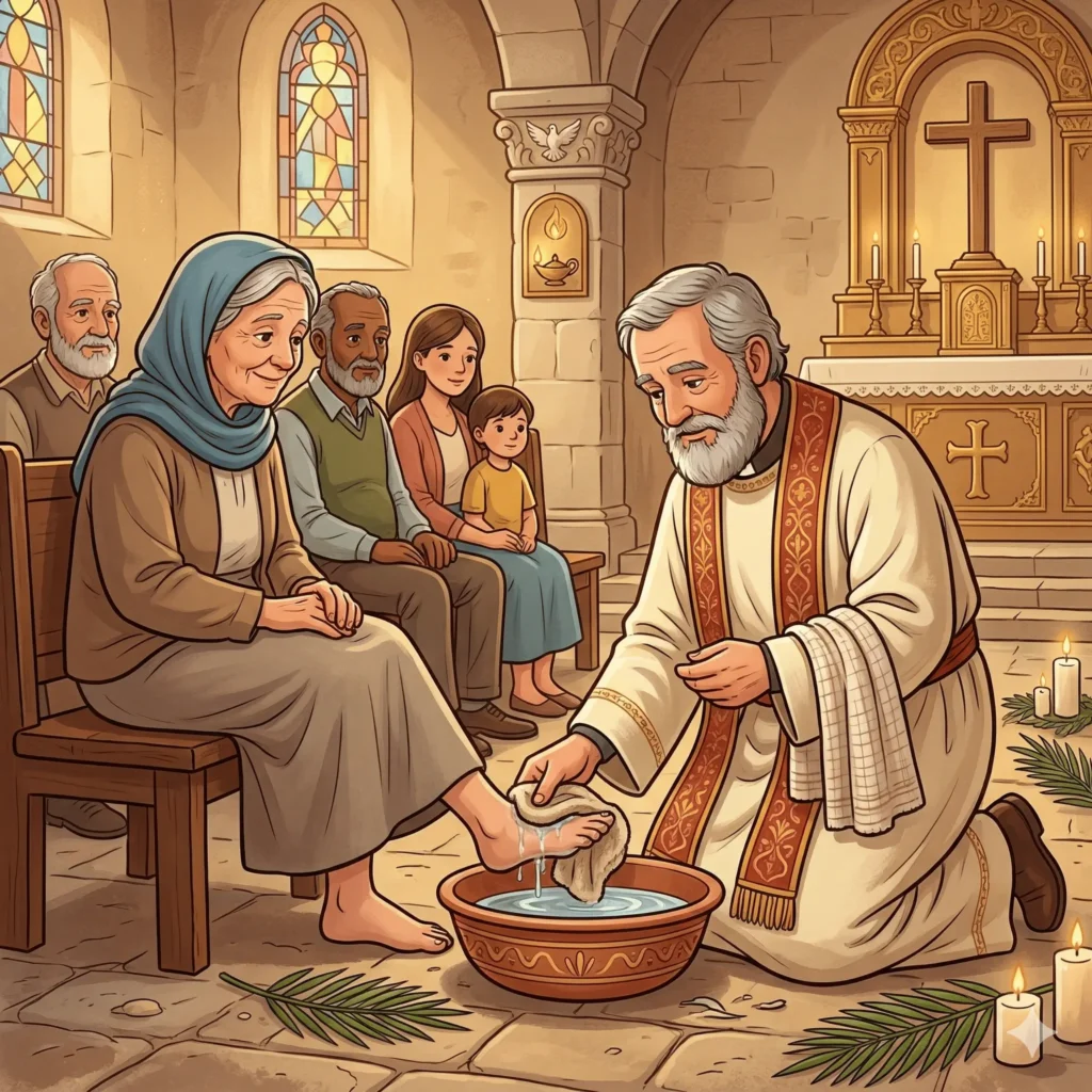 Padre lavando os pés de fiéis durante a Quinta-feira Santa