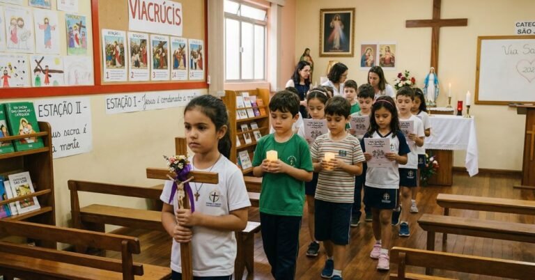Crianças em procissão de Via Sacra na catequese