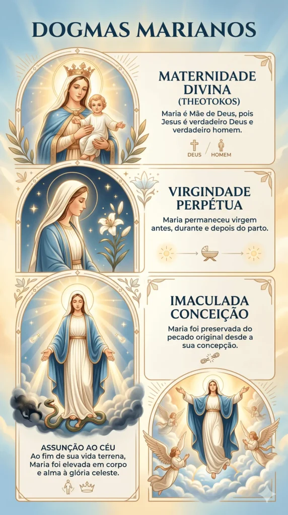 Infográfico resumindo os quatro dogmas marianos da Igreja Católica