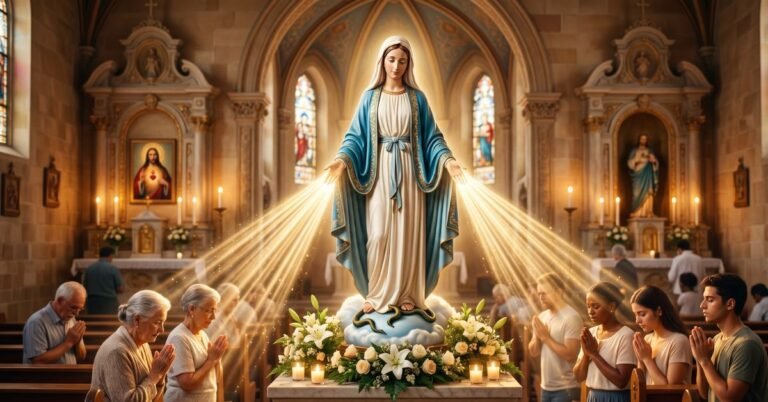 Imagem de Nossa Senhora das Graças com raios saindo das mãos, simbolizando as graças derramadas sobre os fiéis
