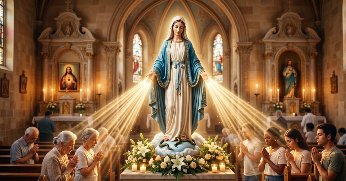 Imagem de Nossa Senhora das Graças com raios saindo das mãos, simbolizando as graças derramadas sobre os fiéis