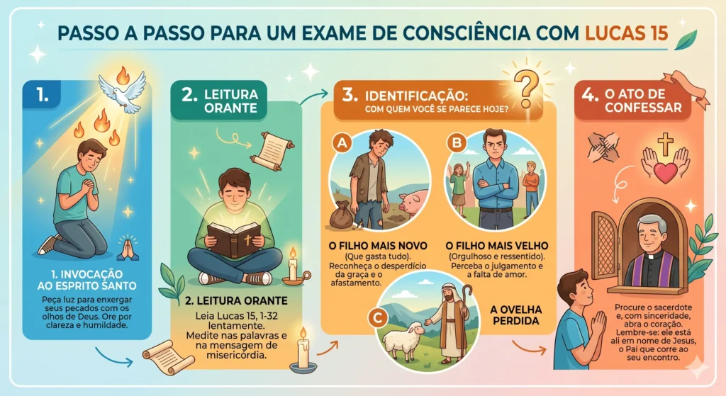 Infográfico com os passos para confissão baseados em Lucas 15