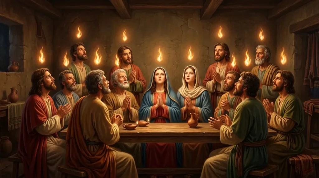 chama do Espírito Santo sobre Nossa Senhora e os Apóstolos