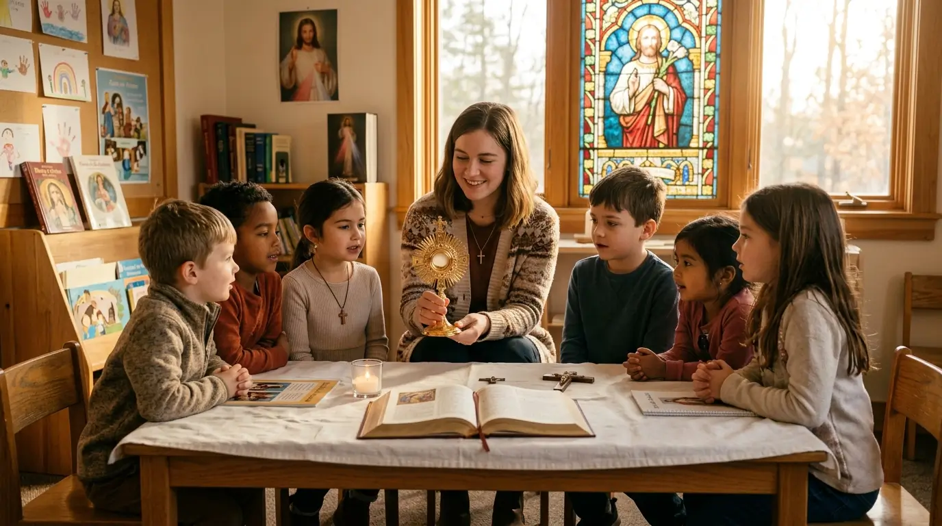 Catequista explicando sobre o Corpus Christi