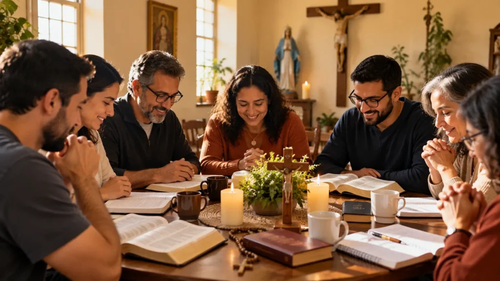 Grupo de adultos reunidos em paróquia vivenciando a catequese sobre são Jerônimo através da leitura orante