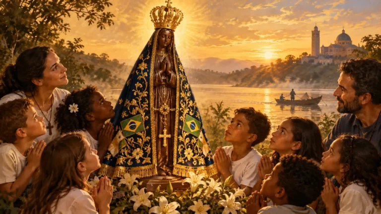 Ilustração de nossa senhora aparecida catequese com crianças e catequistas em oração