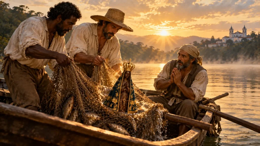 Pescadores encontrando a imagem no rio, cena histórica para nossa senhora aparecida catequese