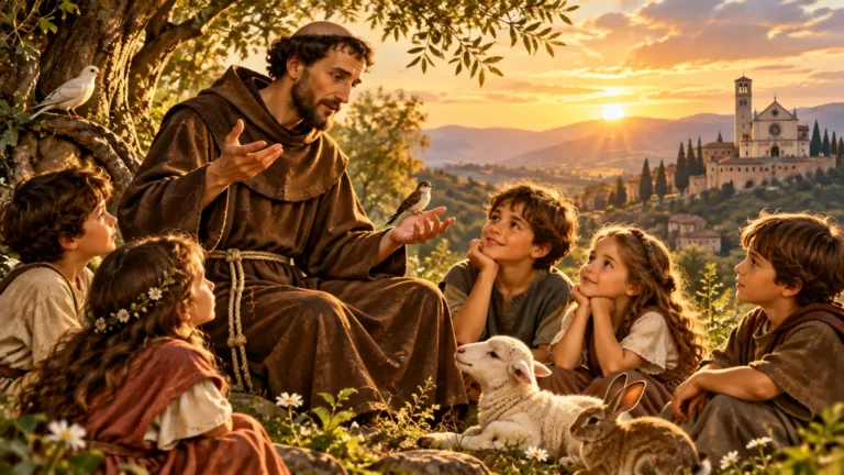 Ilustração sacra de sao francisco na catequese ensinando crianças sobre o amor de Deus